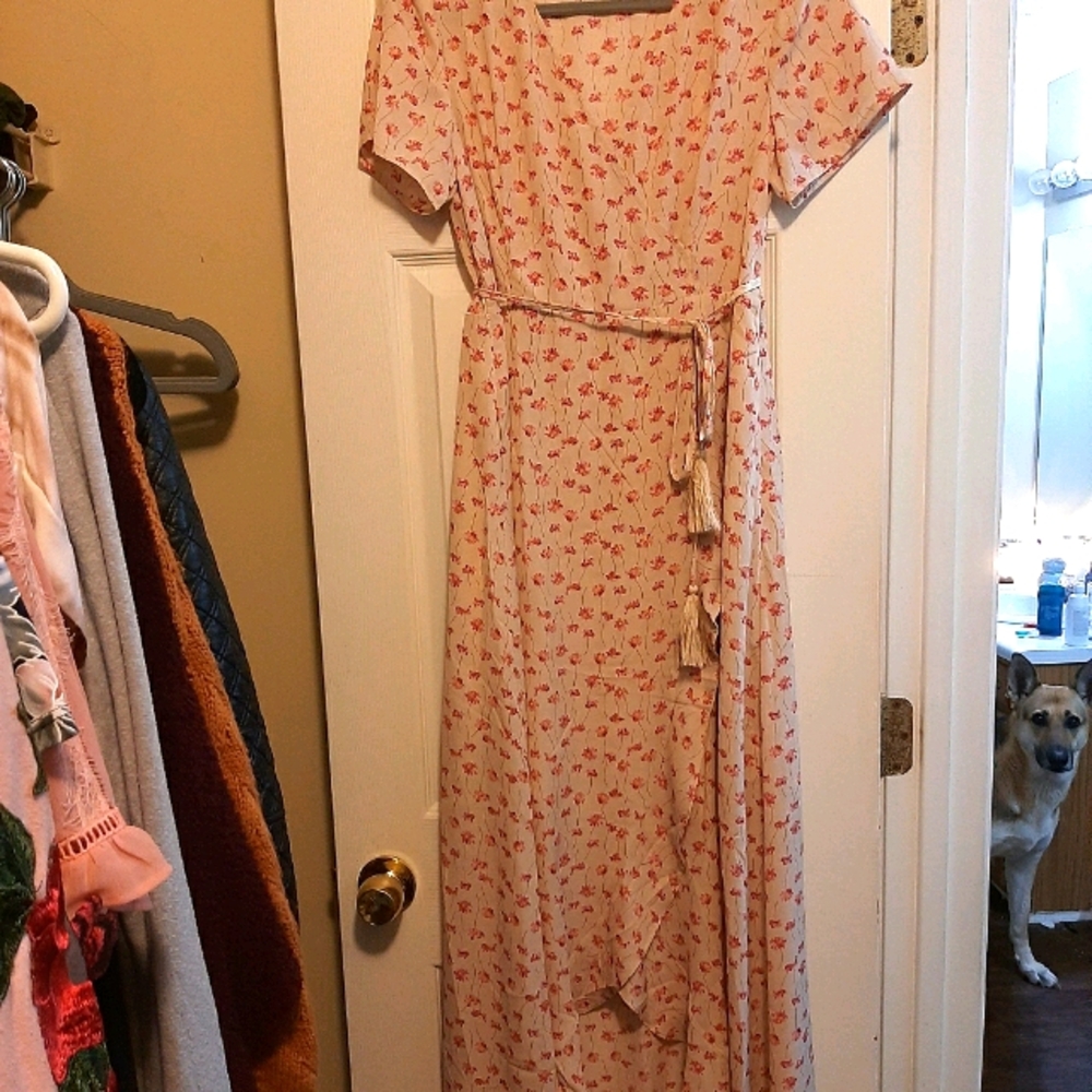 Pink Lilly Biege Ditsy Flower High Low Wrap Dress